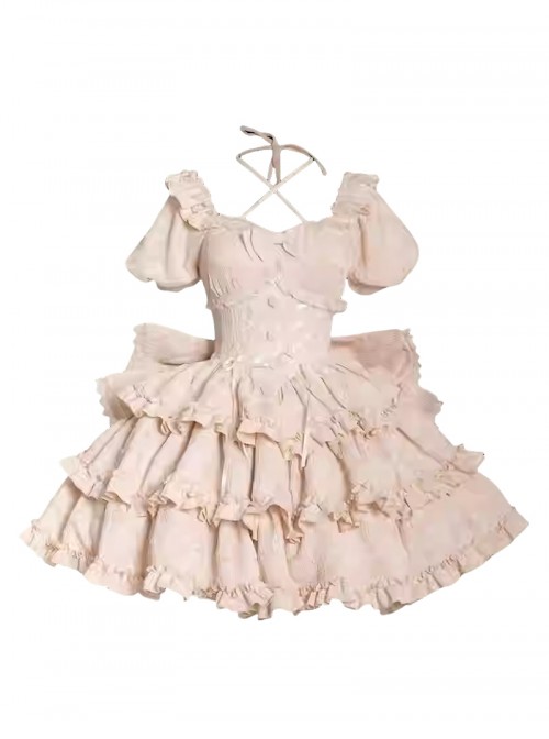 Puff Rose Series Princess Fluffy Ruffled Ballet Style Doll Sense Sweet Lolita Bowknot Tail Puff Sleeves Dress OP