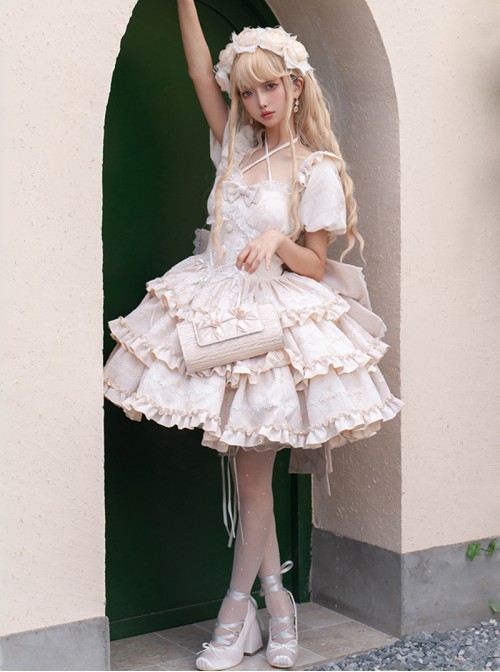 Puff Rose Series Princess Fluffy Ruffled Ballet Style Doll Sense Sweet Lolita Bowknot Tail Puff Sleeves Dress OP