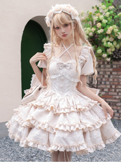 Puff Rose Series Princess Fluffy Ruffled Ballet Style Doll Sense Sweet Lolita Bowknot Tail Puff Sleeves Dress OP