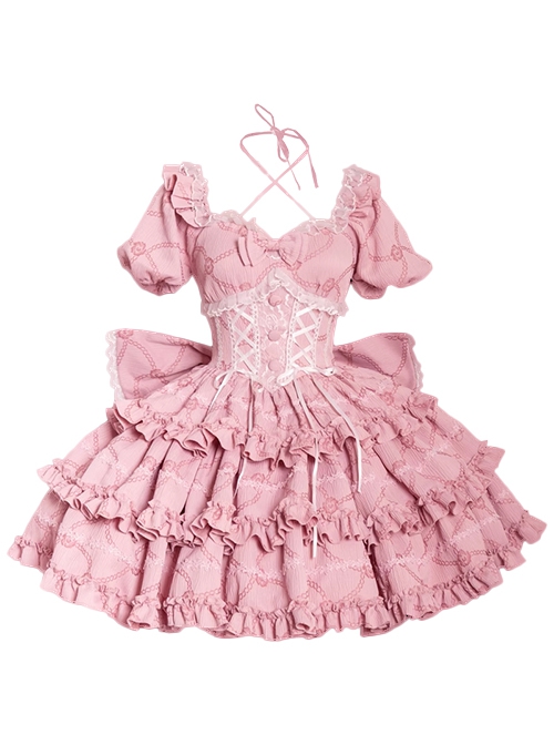 Puff Rose Series Princess Fluffy Ruffled Ballet Style Doll Sense Sweet Lolita Bowknot Tail Puff Sleeves Dress OP