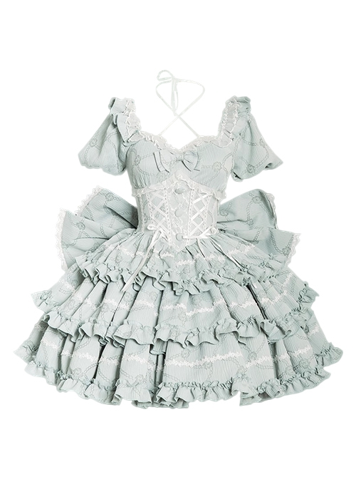 Puff Rose Series Princess Fluffy Ruffled Ballet Style Doll Sense Sweet Lolita Bowknot Tail Puff Sleeves Dress OP