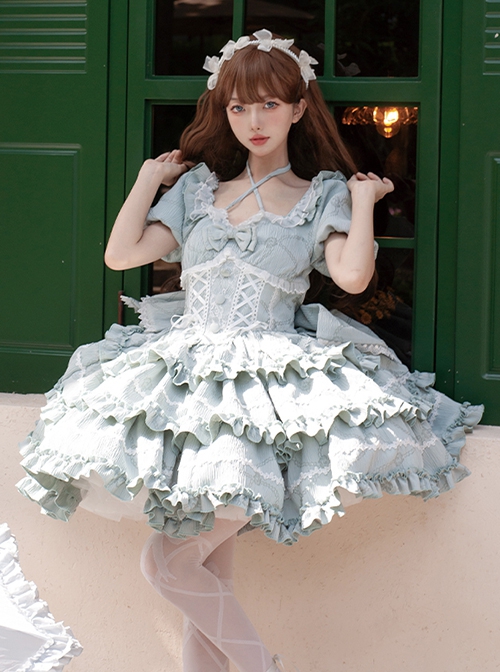 Puff Rose Series Princess Fluffy Ruffled Ballet Style Doll Sense Sweet Lolita Bowknot Tail Puff Sleeves Dress OP