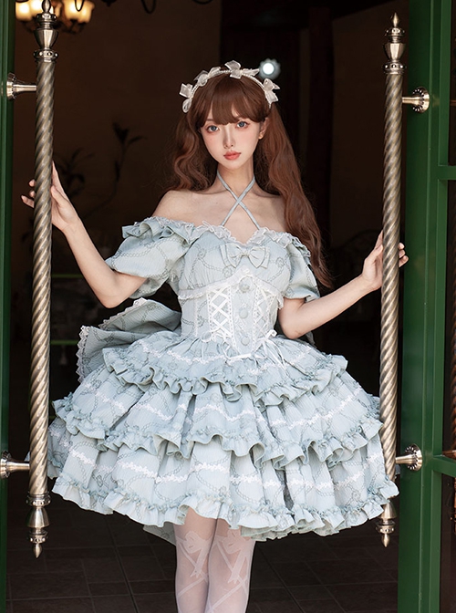 Puff Rose Series Princess Fluffy Ruffled Ballet Style Doll Sense Sweet Lolita Bowknot Tail Puff Sleeves Dress OP