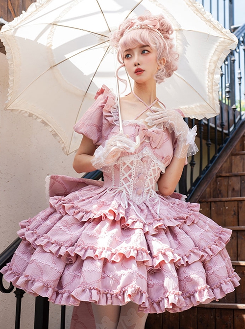 Puff Rose Series Princess Fluffy Ruffled Ballet Style Doll Sense Sweet Lolita Bowknot Tail Puff Sleeves Dress OP