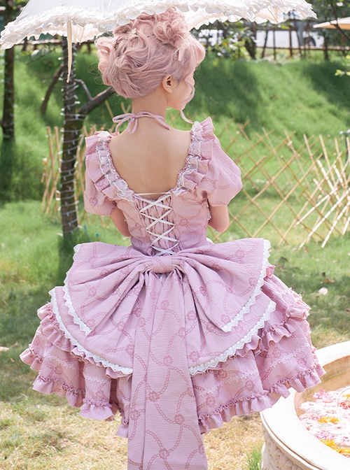 Puff Rose Series Princess Fluffy Ruffled Ballet Style Doll Sense Sweet Lolita Bowknot Tail Puff Sleeves Dress OP