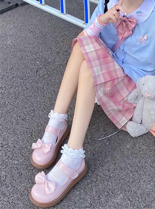 Macaron Series Cute Daily Lovely Round Toe Bowknot Biscuit Rubber Flat Sole Sweet Lolita Shallow Mouth Shoes