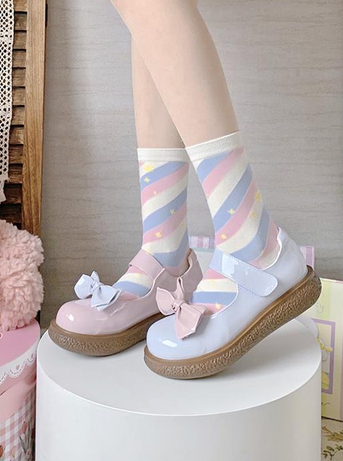 Macaron Series Cute Daily Lovely Round Toe Bowknot Biscuit Rubber Flat Sole Sweet Lolita Shallow Mouth Shoes