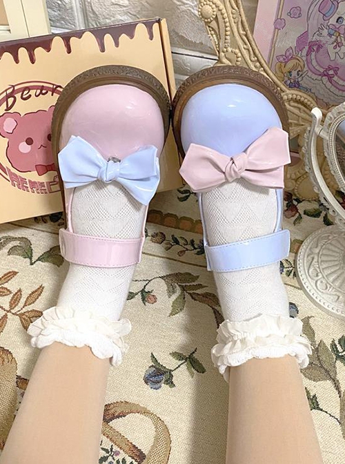 Macaron Series Cute Daily Lovely Round Toe Bowknot Biscuit Rubber Flat Sole Sweet Lolita Shallow Mouth Shoes