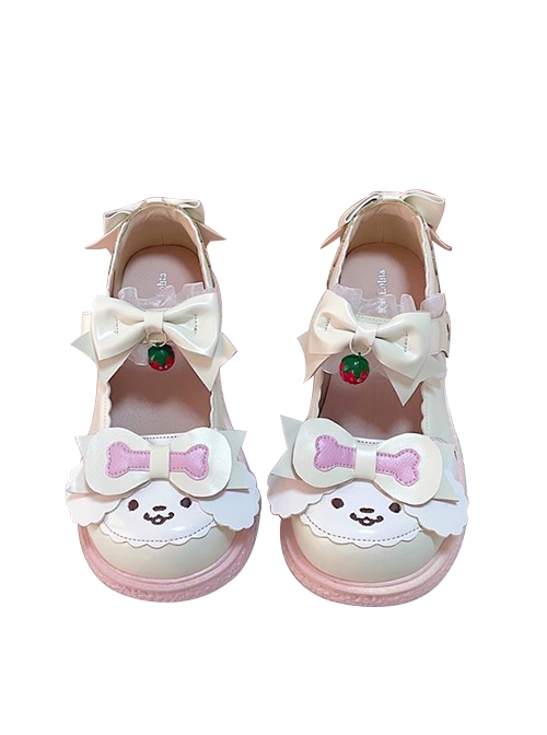 Little White Series Daily Cute Cartoon White Dog Strawberry Bone Bowknot Sweet Lolita Soft Flat Shoes