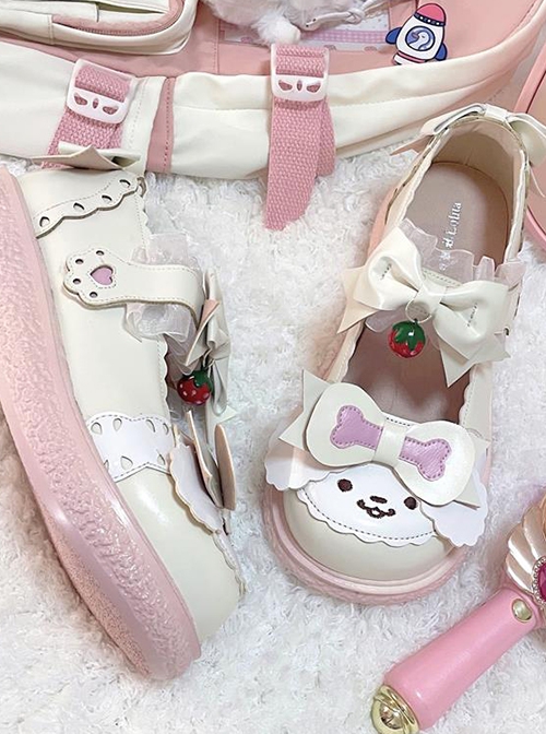 Little White Series Daily Cute Cartoon White Dog Strawberry Bone Bowknot Sweet Lolita Soft Flat Shoes