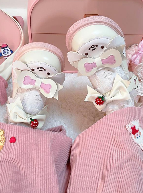 Little White Series Daily Cute Cartoon White Dog Strawberry Bone Bowknot Sweet Lolita Soft Flat Shoes