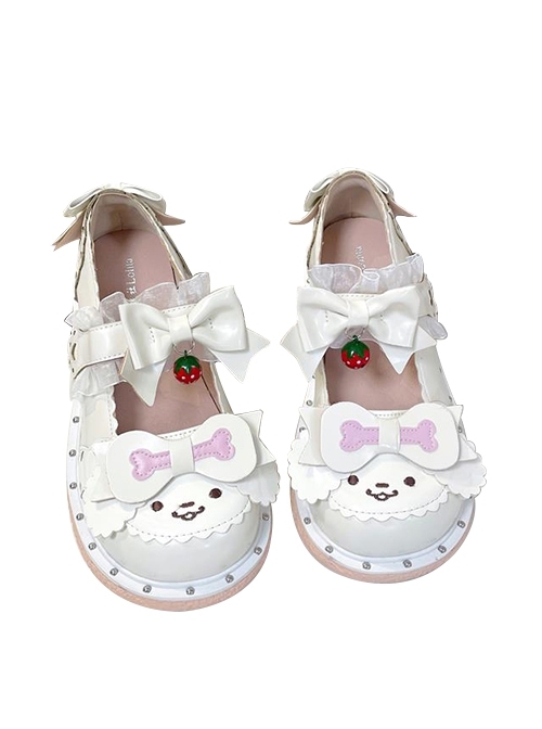 Little White Series New Styles Comfortable Daily Strawberry Bell Pendant Cute Cartoon White Dog Bone Bowknot Sweet Lolita Shoes