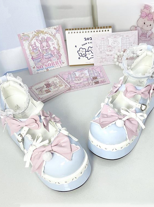 Cheese Sweetheart Series Cute Gorgeous Bowknot Lace Macaron Childish Sweet Lolita Increase Height Platform Shoes