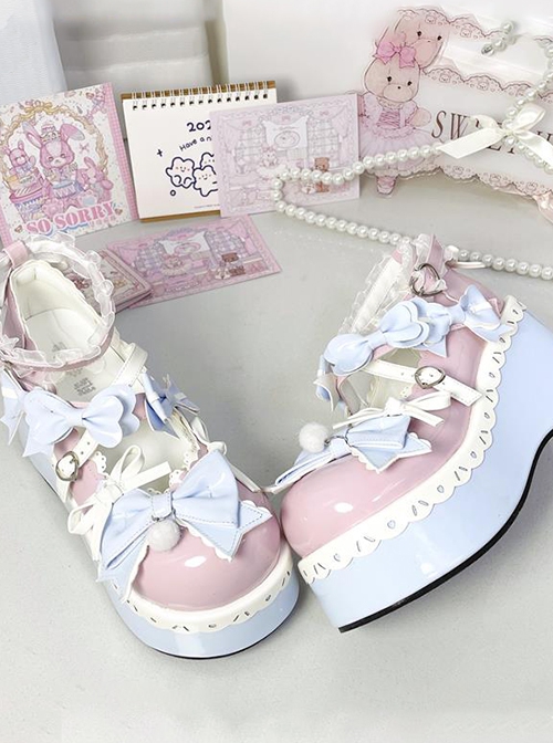 Cheese Sweetheart Series Cute Gorgeous Bowknot Lace Macaron Childish Sweet Lolita Increase Height Platform Shoes