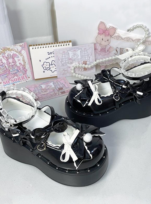 Cheese Sweetheart Series Cute Gorgeous Bowknot Lace Macaron Childish Sweet Lolita Increase Height Platform Shoes