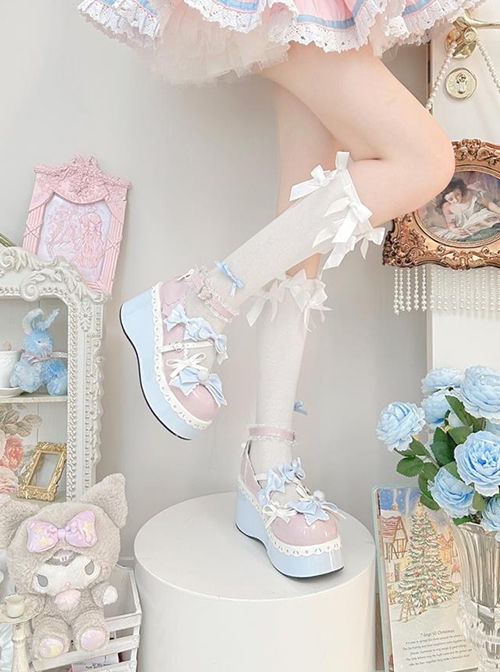 Cheese Sweetheart Series Cute Gorgeous Bowknot Lace Macaron Childish Sweet Lolita Increase Height Platform Shoes