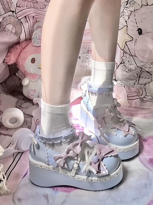 Cheese Sweetheart Series Cute Gorgeous Bowknot Lace Macaron Childish Sweet Lolita Increase Height Platform Shoes