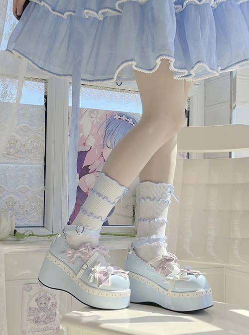 Cheese Sweetheart Series Cute Gorgeous Bowknot Lace Macaron Childish Sweet Lolita Increase Height Platform Shoes