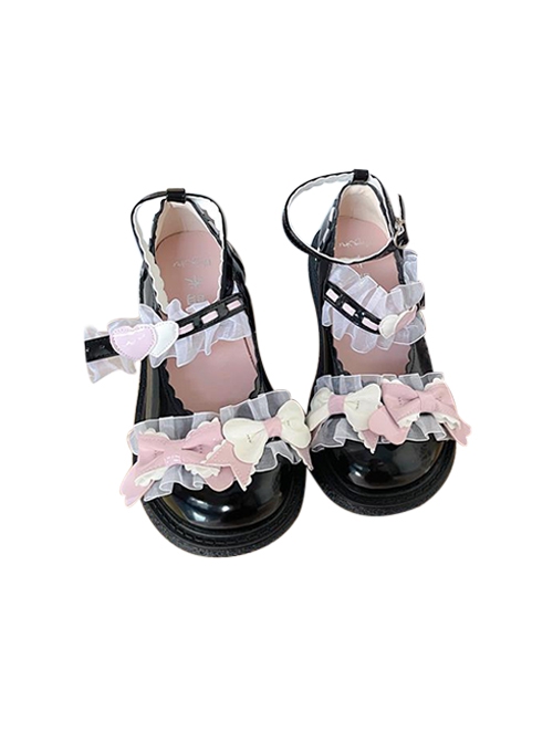 Little Peach Series Cute Lace Loving Heart Bowknot Tie Sweet Lolita Petal Edge Shallow Mouth Rubber Biscuit Bottom Shoes