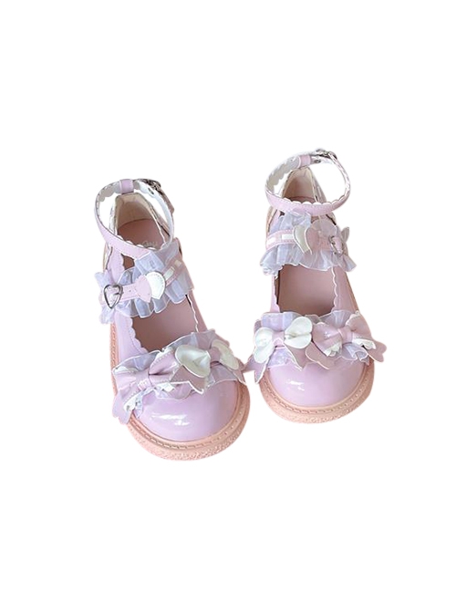 Little Peach Series Cute Lace Loving Heart Bowknot Tie Sweet Lolita Petal Edge Shallow Mouth Rubber Biscuit Bottom Shoes