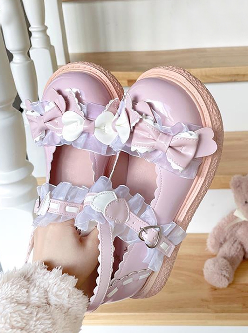 Little Peach Series Cute Lace Loving Heart Bowknot Tie Sweet Lolita Petal Edge Shallow Mouth Rubber Biscuit Bottom Shoes