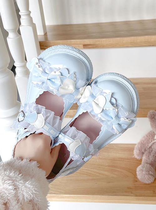 Little Peach Series Cute Lace Loving Heart Bowknot Tie Sweet Lolita Petal Edge Shallow Mouth Rubber Biscuit Bottom Shoes