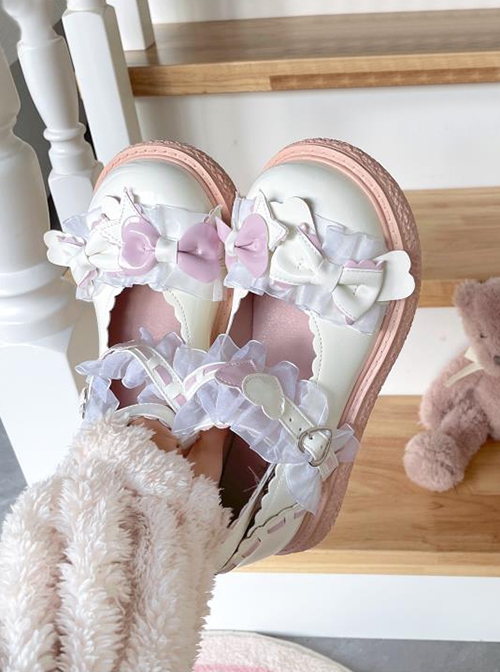 Little Peach Series Cute Lace Loving Heart Bowknot Tie Sweet Lolita Petal Edge Shallow Mouth Rubber Biscuit Bottom Shoes