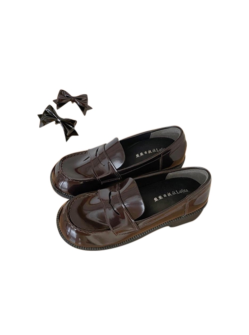 College Style Daily Basic Commute Glossy Round Toe Bowknot Patent Leather School Lolita JK Uniform Shoes