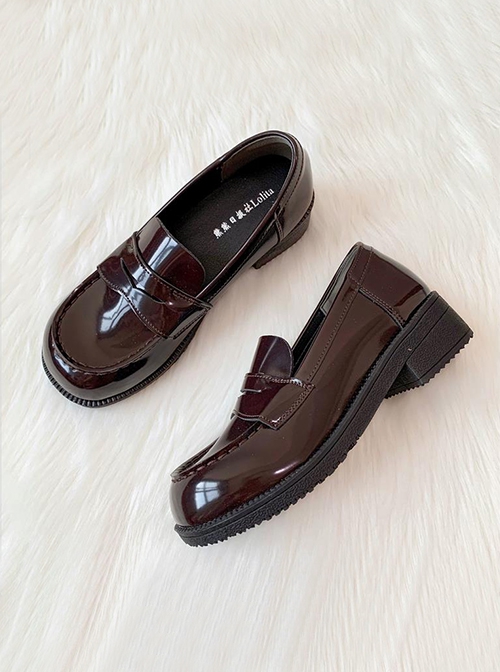 College Style Daily Basic Commute Glossy Round Toe Bowknot Patent Leather School Lolita JK Uniform Shoes