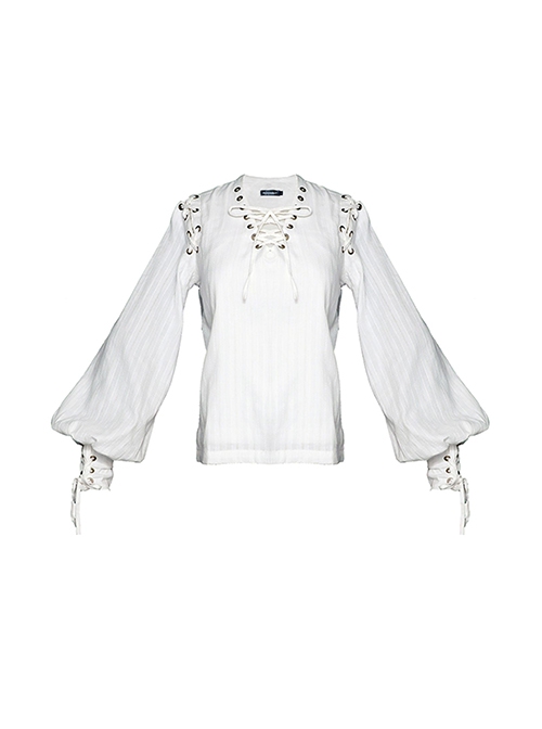 Steampunk Retro Strapped V Neck Basic White Cotton Lantern Sleeve Leg Sleeves Pullover Straight Top Shirt