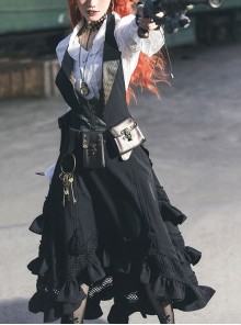 Victorian Style Black Layers Retro Versatile Gorgeous Edges Tassel Drawstring Adjustable Steampunk A Line Long Skirt
