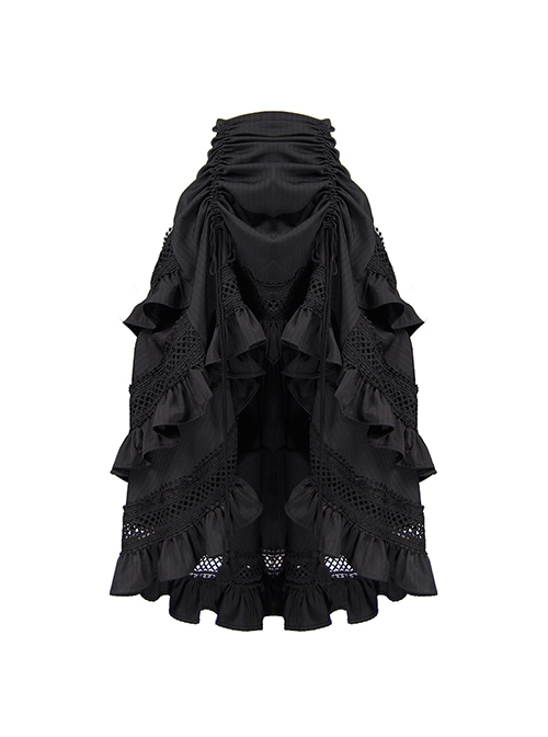 Victorian Style Black Layers Retro Versatile Gorgeous Edges Tassel Drawstring Adjustable Steampunk A Line Long Skirt