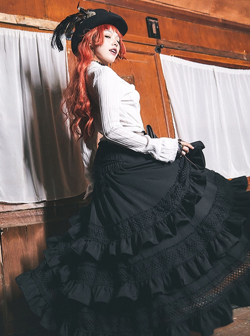 Victorian Style Black Layers Retro Versatile Gorgeous Edges Tassel Drawstring Adjustable Steampunk A Line Long Skirt