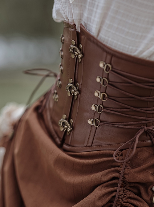 Steampunk Victorian Style Retro Elegant Brown Leather Metal Horn Buckle Side Straps Soft PU Belt Girdle