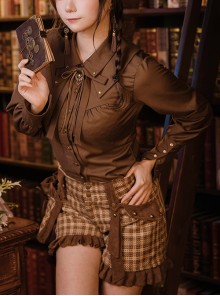 Steampunk Style Chocolate Brown Double Layers Bowknot Tie Rivet Buttons Autumn Winter Retro Long Sleeves Shirt