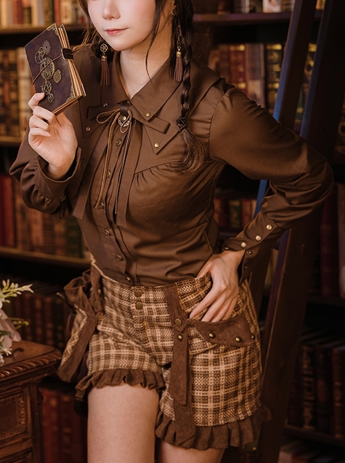 Steampunk Style Chocolate Brown Double Layers Bowknot Tie Rivet Buttons Autumn Winter Retro Long Sleeves Shirt