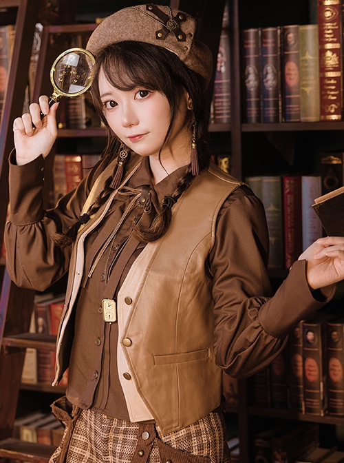 Steampunk Style Chocolate Brown Double Layers Bowknot Tie Rivet Buttons Autumn Winter Retro Long Sleeves Shirt