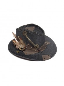 Brown Feather Leather Wasteland Industrial Metal Decoration Steampunk Jazz Handmade Top Hat Cowboy Hat