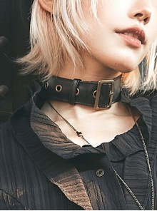 Steampunk Style Handsome Versatile Metal Buckle Simple Black Leather Adjustable Wristband Choker Necklace Collar
