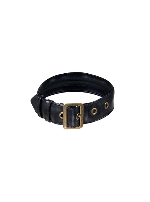 Steampunk Style Handsome Versatile Metal Buckle Simple Black Leather Adjustable Wristband Choker Necklace Collar