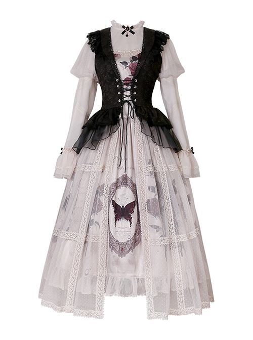 Rose Specimen Series Rose Princess Elegant Palace Style Black White Classic Lolita Sleeveless Dress Shirt Coat Dress Full Set