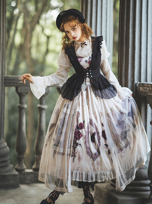 Rose Specimen Series Rose Princess Elegant Palace Style Black White Classic Lolita Sleeveless Dress Shirt Coat Dress Full Set