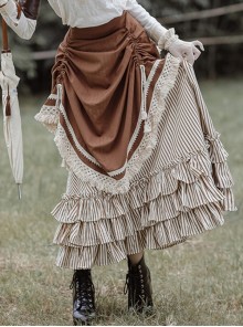 Steampunk Victorian Style Romanticism Brown Splice Gorgeous Coffee Striped Ribbon Modified Basil Skirt Retro Long Skirt