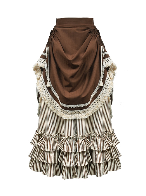 Steampunk Victorian Style Romanticism Brown Splice Gorgeous Coffee Striped Ribbon Modified Basil Skirt Retro Long Skirt