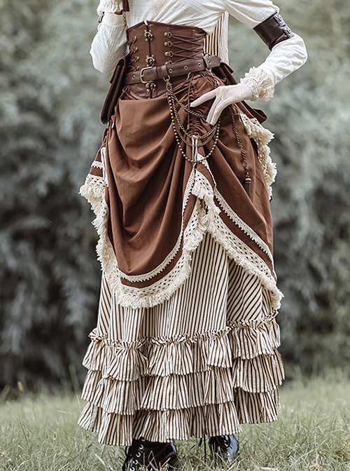 Steampunk Victorian Style Romanticism Brown Splice Gorgeous Coffee Striped Ribbon Modified Basil Skirt Retro Long Skirt