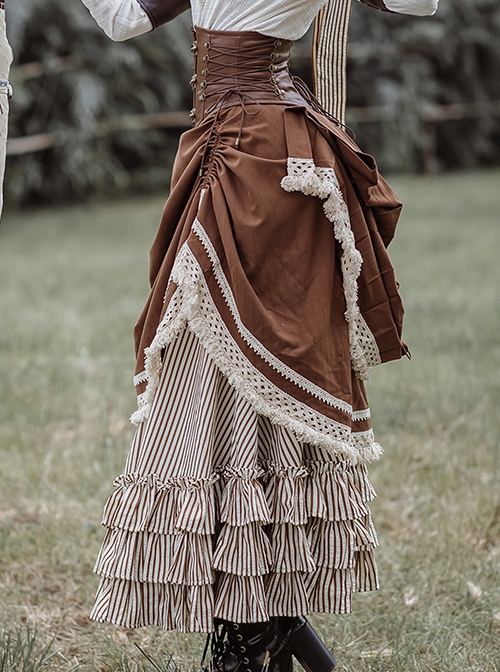 Steampunk Victorian Style Romanticism Brown Splice Gorgeous Coffee Striped Ribbon Modified Basil Skirt Retro Long Skirt