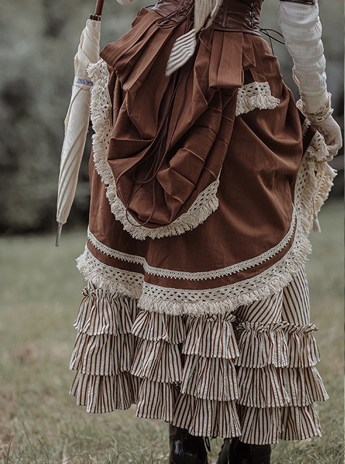 Steampunk Victorian Style Romanticism Brown Splice Gorgeous Coffee Striped Ribbon Modified Basil Skirt Retro Long Skirt