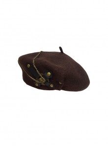 Brown Retro Steampunk Handmade Cross Leather Patch Rivets British Autumn Winter Hat Camel Wool Blend Painter Hat Beret