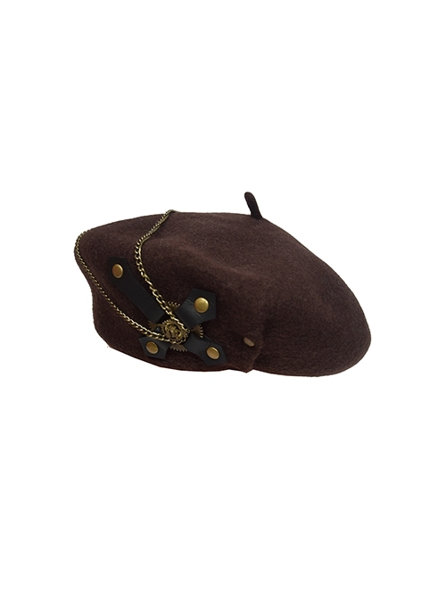 Brown Retro Steampunk Handmade Cross Leather Patch Rivets British Autumn Winter Hat Camel Wool Blend Painter Hat Beret