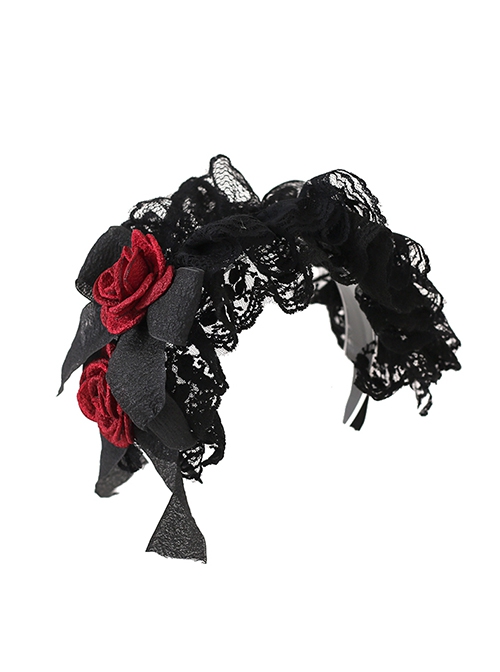 Gorgeous Noble Doll Sense Black Lace 3D Red Rose Halloween Gothic Lolita Hair Accessory Hairband KC